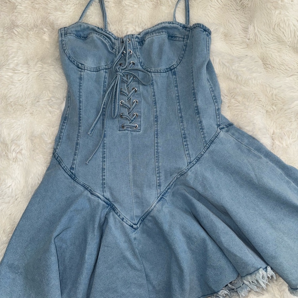 Fashion Nova Light Blue Denim Zipper Top